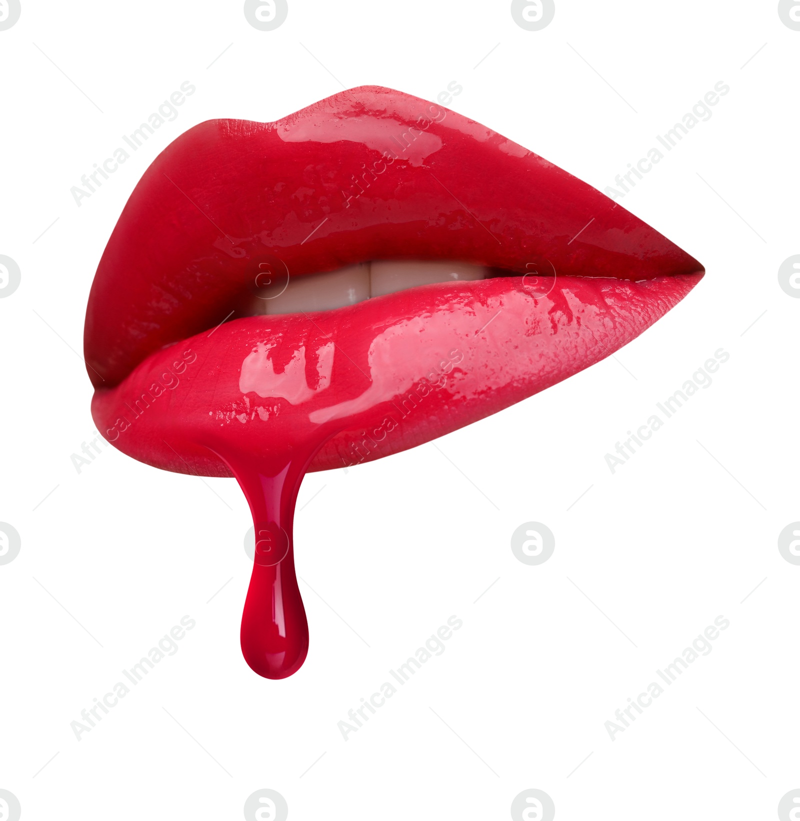Image of Red liquid lipstick dripping from woman's lip against white background