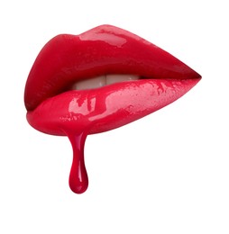 Image of Red liquid lipstick dripping from woman's lip against white background