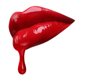 Image of Red liquid lipstick dripping from woman's lip against white background
