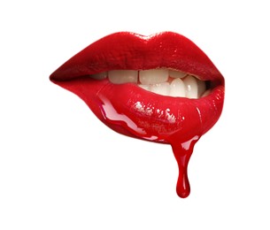 Image of Red liquid lipstick dripping from woman's lip against white background