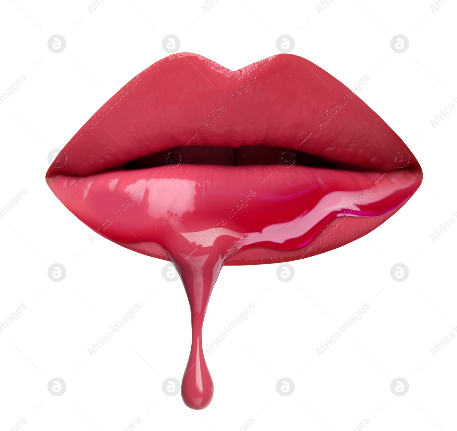 Image of Pink liquid lipstick dripping from woman's lip against white background