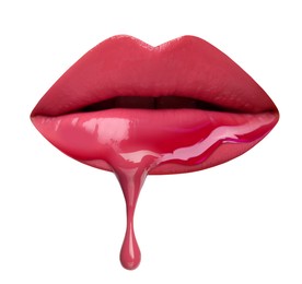 Image of Pink liquid lipstick dripping from woman's lip against white background