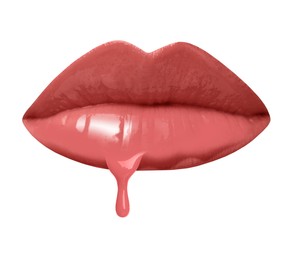 Image of Nude liquid lipstick dripping from woman's lip against white background