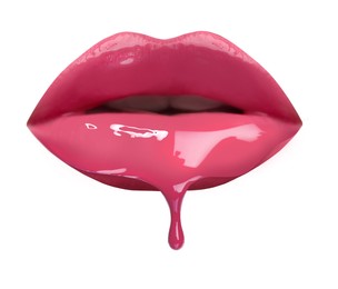 Image of Pink liquid lipstick dripping from woman's lip against white background