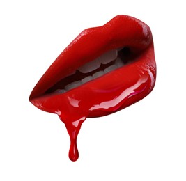 Image of Red liquid lipstick dripping from woman's lip against white background