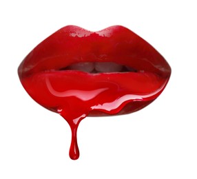 Image of Red liquid lipstick dripping from woman's lip against white background