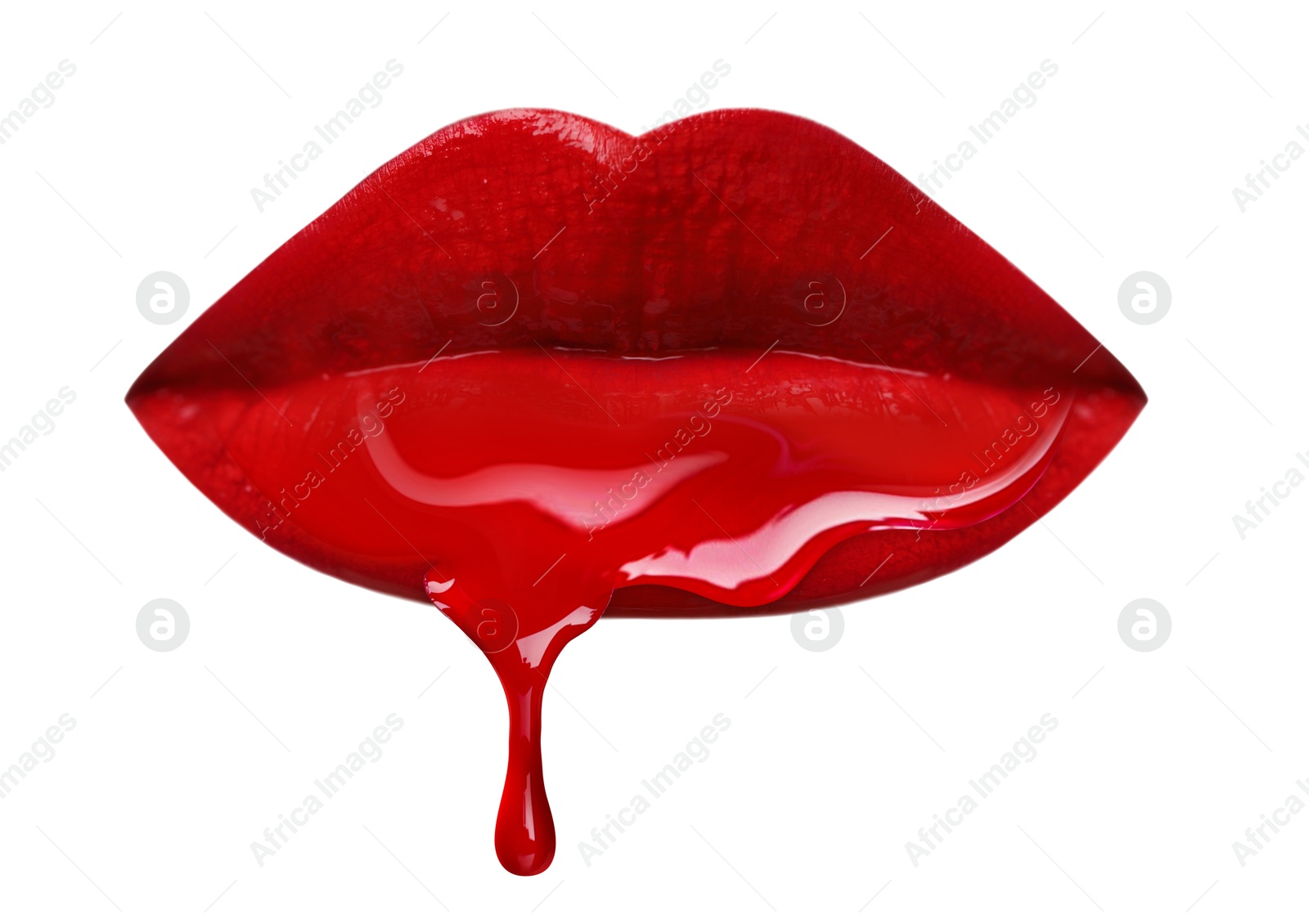 Image of Red liquid lipstick dripping from woman's lip against white background
