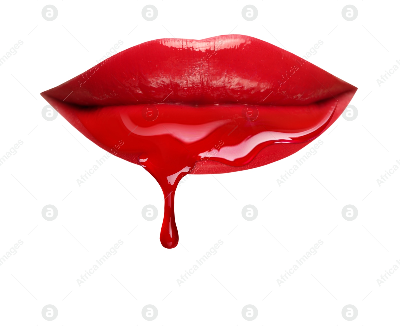Image of Red liquid lipstick dripping from woman's lip against white background