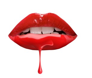 Image of Red liquid lipstick dripping from woman's lip against white background