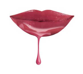 Image of Pink liquid lipstick dripping from woman's lip against white background
