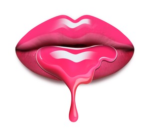 Image of Pink liquid lipstick dripping from woman's lip against white background