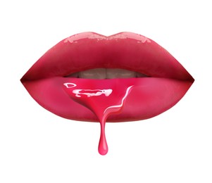 Image of Pink liquid lipstick dripping from woman's lip against white background