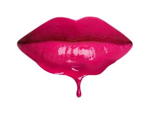 Image of Pink liquid lipstick dripping from woman's lip against white background