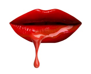 Image of Red liquid lipstick dripping from woman's lip against white background