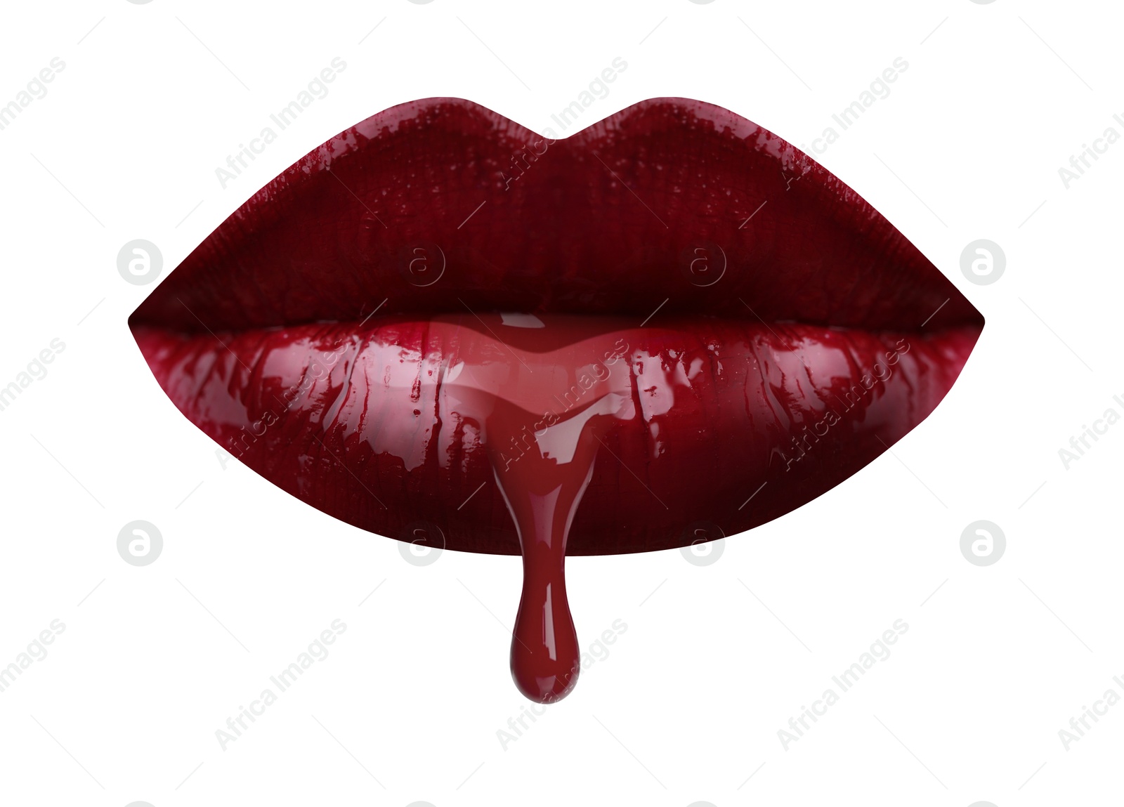 Image of Dark red liquid lipstick dripping from woman's lip against white background