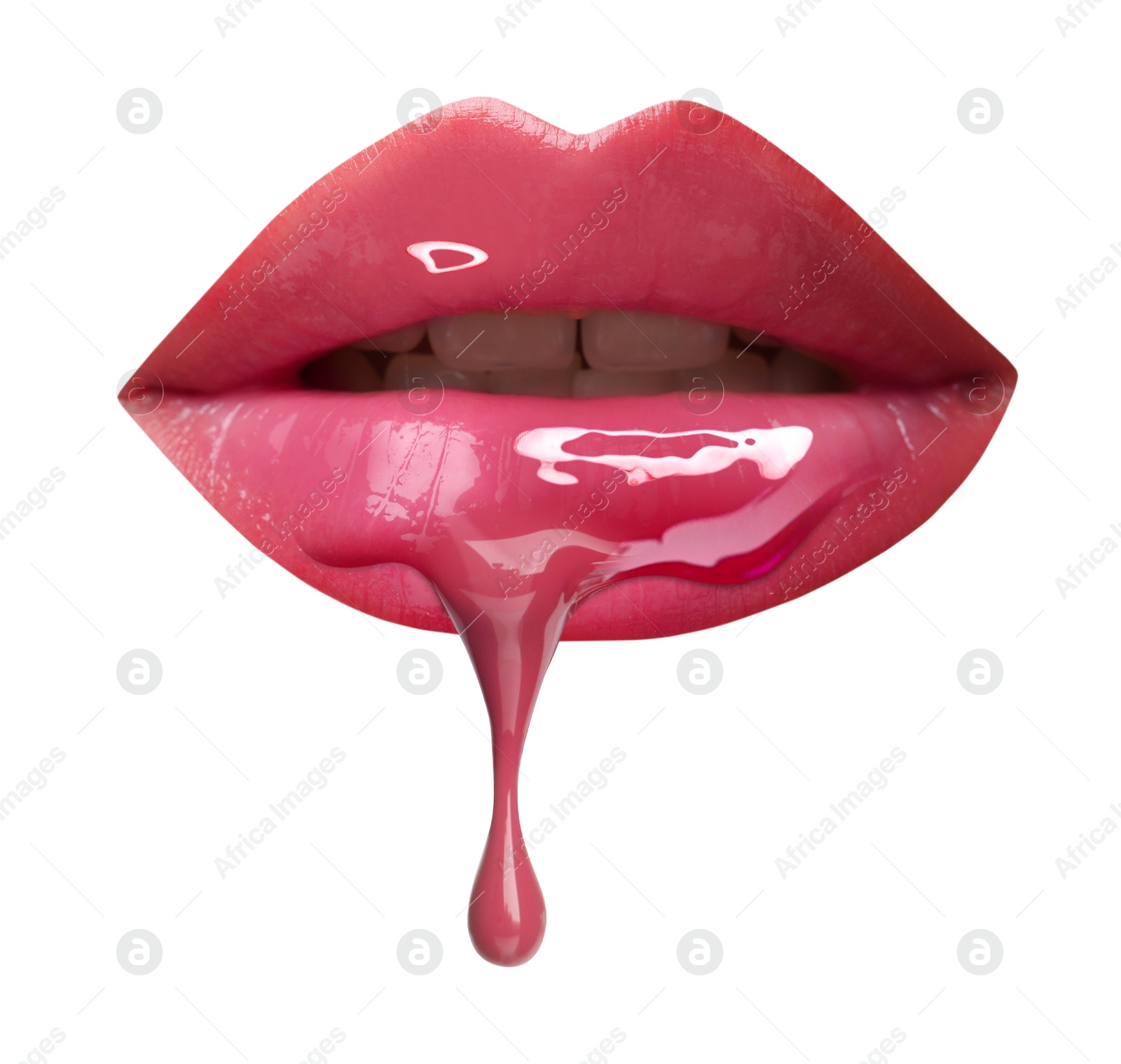 Image of Pink liquid lipstick dripping from woman's lip against white background