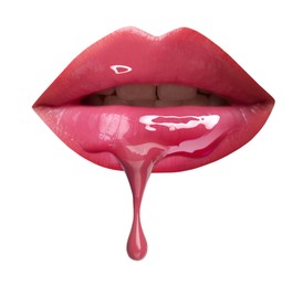 Image of Pink liquid lipstick dripping from woman's lip against white background