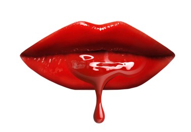Image of Red liquid lipstick dripping from woman's lip against white background