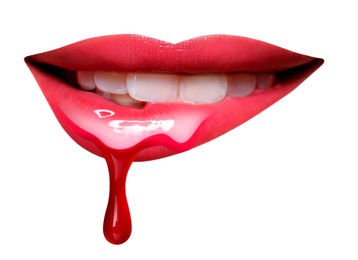 Image of Red pink liquid lipstick dripping from woman's lip against white background