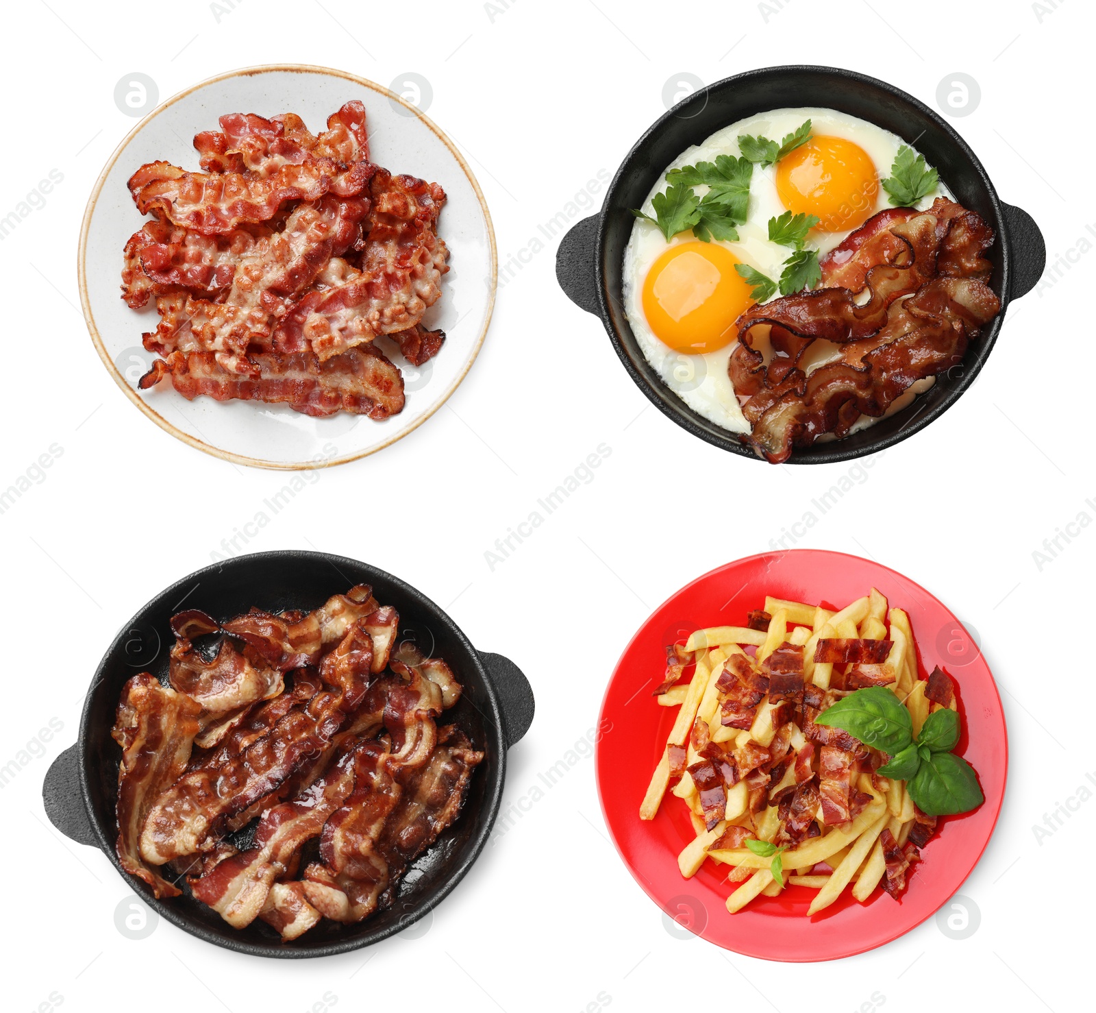 Image of Greasy food texture. Collage with fried bacon isolated on white, top view