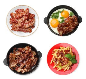Image of Greasy food texture. Collage with fried bacon isolated on white, top view
