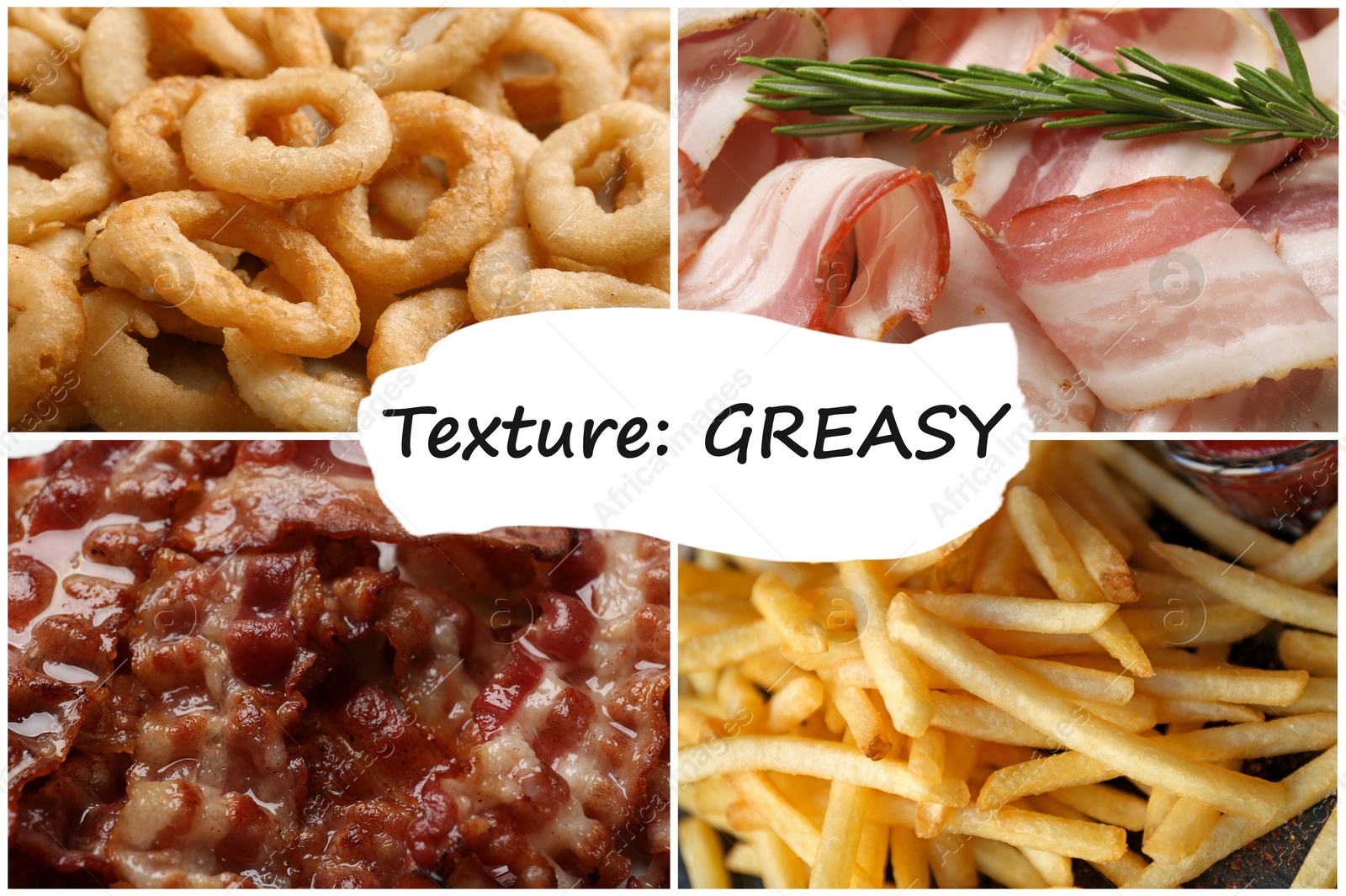 Image of Collection of foods with greasy texture, collage