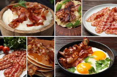 Image of Greasy food texture. Dishes with fried bacon, collage