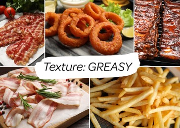 Image of Collection of foods with greasy texture, collage