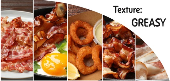 Image of Collection of foods with greasy texture, collage
