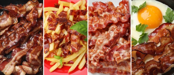 Image of Greasy food texture. Collage with fried bacon