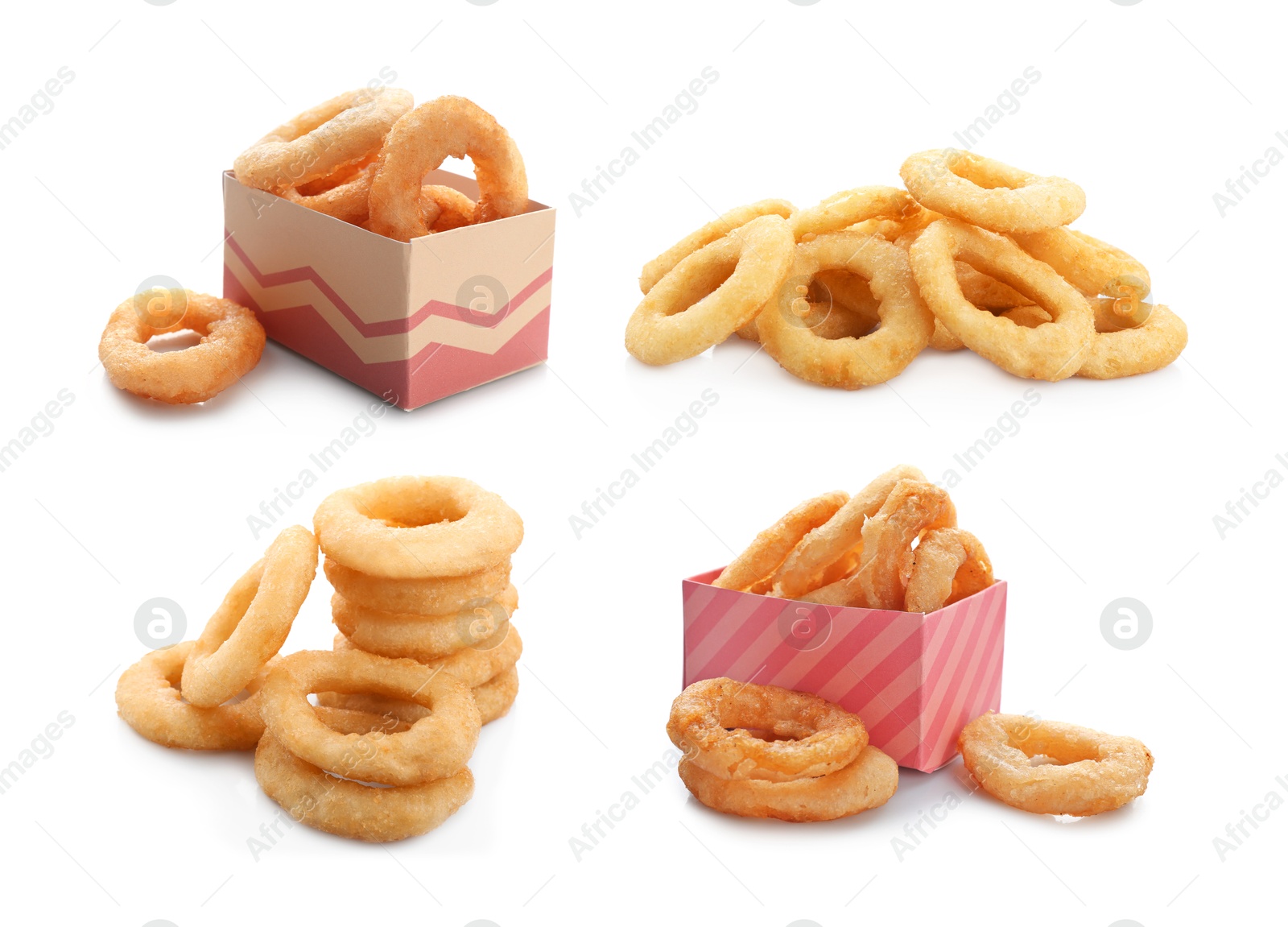 Image of Greasy food texture. Collage with onion rings isolated on white