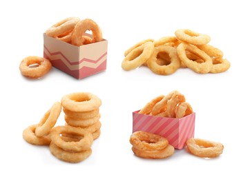 Image of Greasy food texture. Collage with onion rings isolated on white