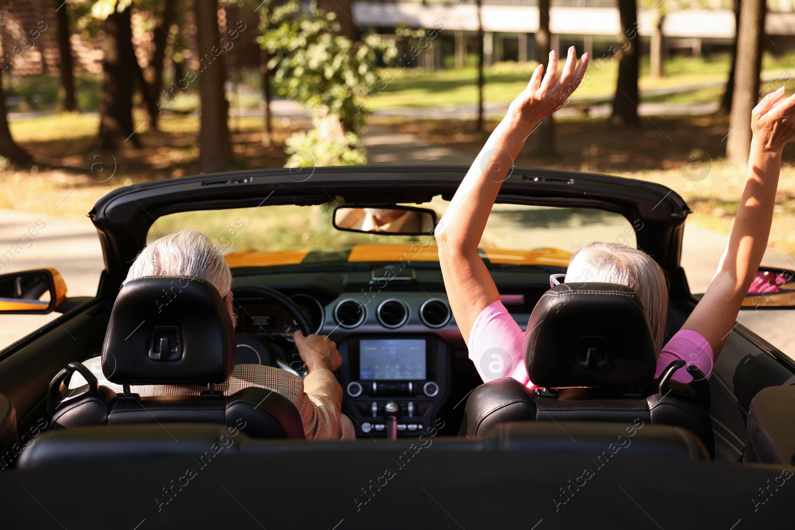 Photo of Senior couple enjoying cabriolet ride in city, back view