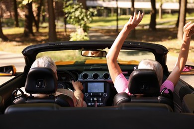 Photo of Senior couple enjoying cabriolet ride in city, back view