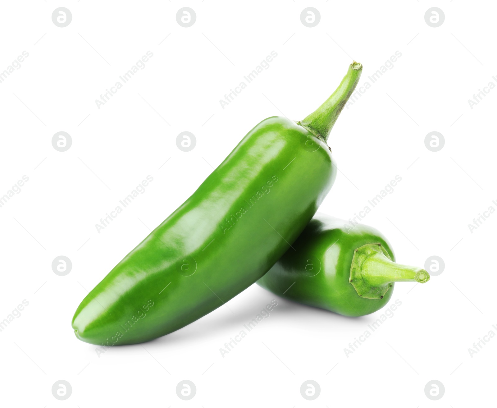 Photo of Two green jalapeno peppers isolated on white