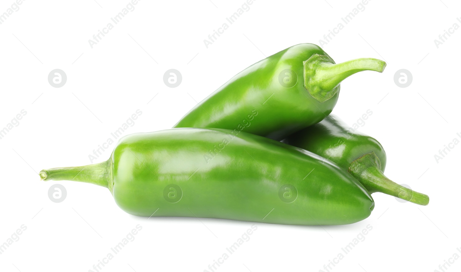 Photo of Many green jalapeno peppers isolated on white