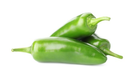 Photo of Many green jalapeno peppers isolated on white