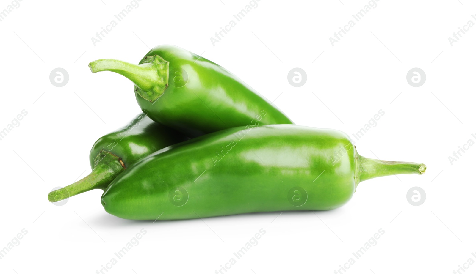 Photo of Many green jalapeno peppers isolated on white