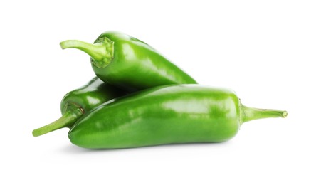 Photo of Many green jalapeno peppers isolated on white