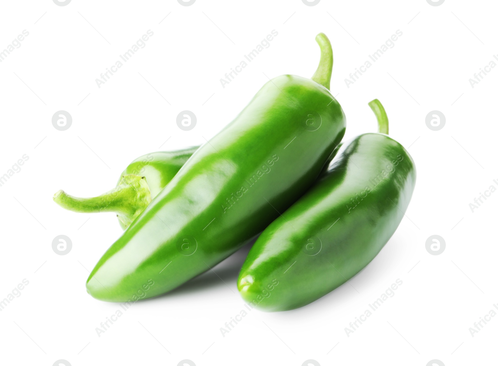 Photo of Many green jalapeno peppers isolated on white
