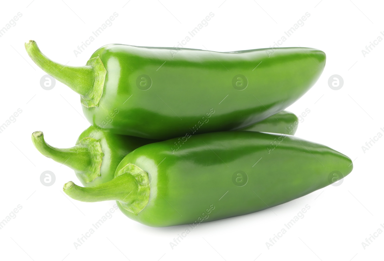 Photo of Many green jalapeno peppers isolated on white