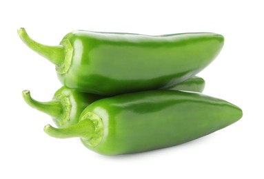 Photo of Many green jalapeno peppers isolated on white