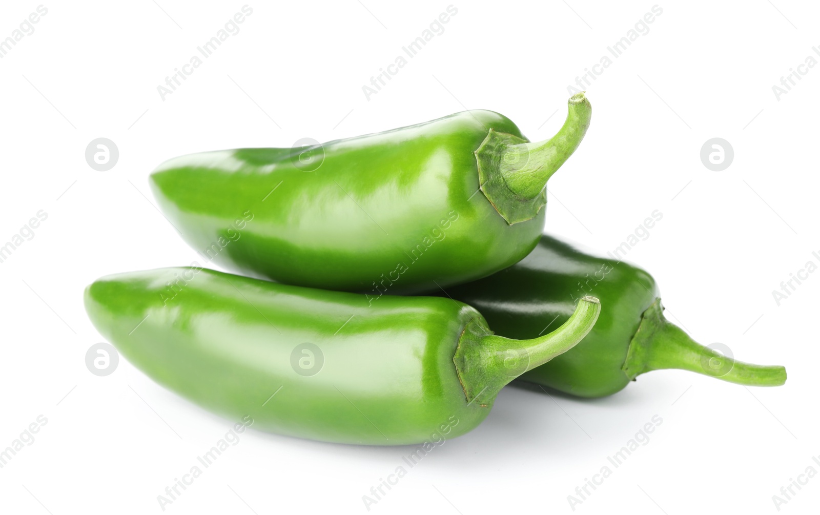 Photo of Many green jalapeno peppers isolated on white