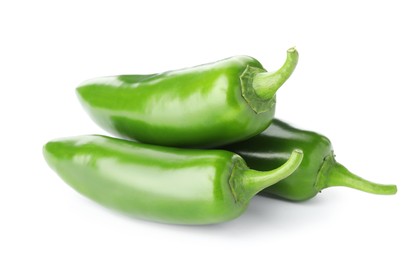 Photo of Many green jalapeno peppers isolated on white