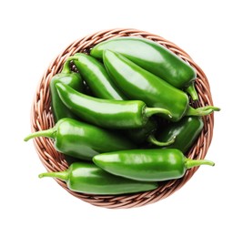 Photo of Green jalapeno peppers in basket isolated on white, top view