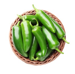 Photo of Green jalapeno peppers in basket isolated on white, top view