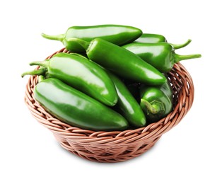 Photo of Green jalapeno peppers in basket isolated on white