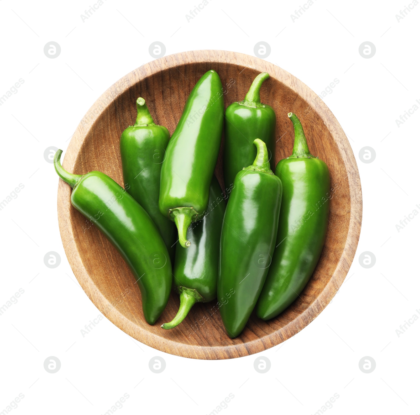 Photo of Green jalapeno peppers in bowl isolated on white, top view
