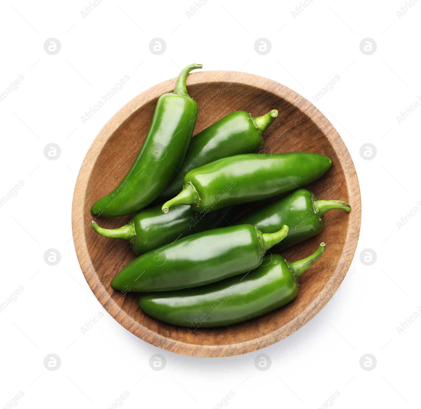 Photo of Green jalapeno peppers in bowl isolated on white, top view