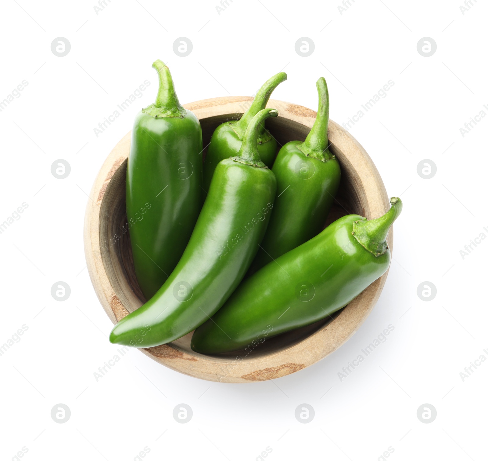 Photo of Green jalapeno peppers in bowl isolated on white, top view